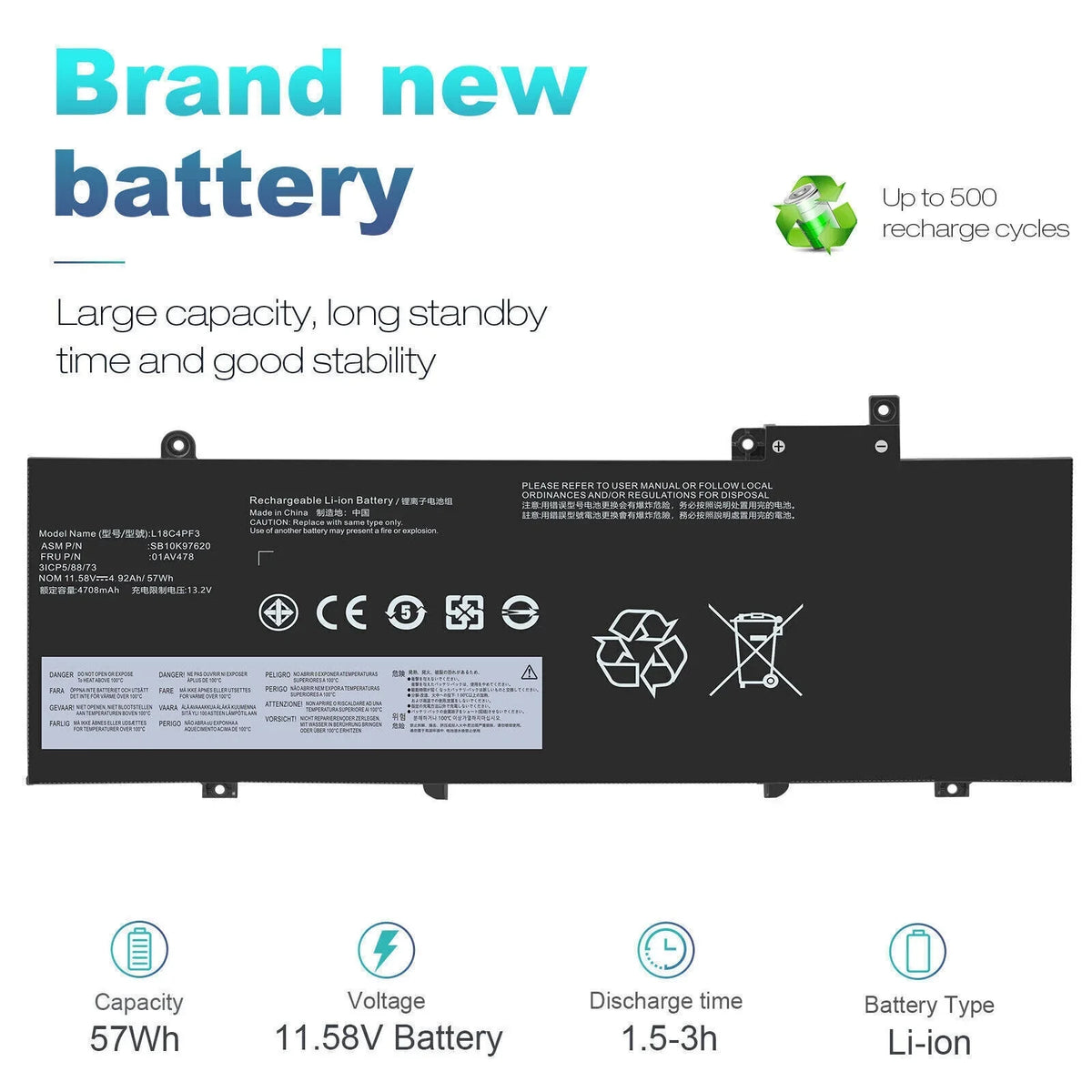 ThinkPad Lenovo For T480S OEM SB10K97620 57Wh Battery 01AV479 01AV478 L17M3P72