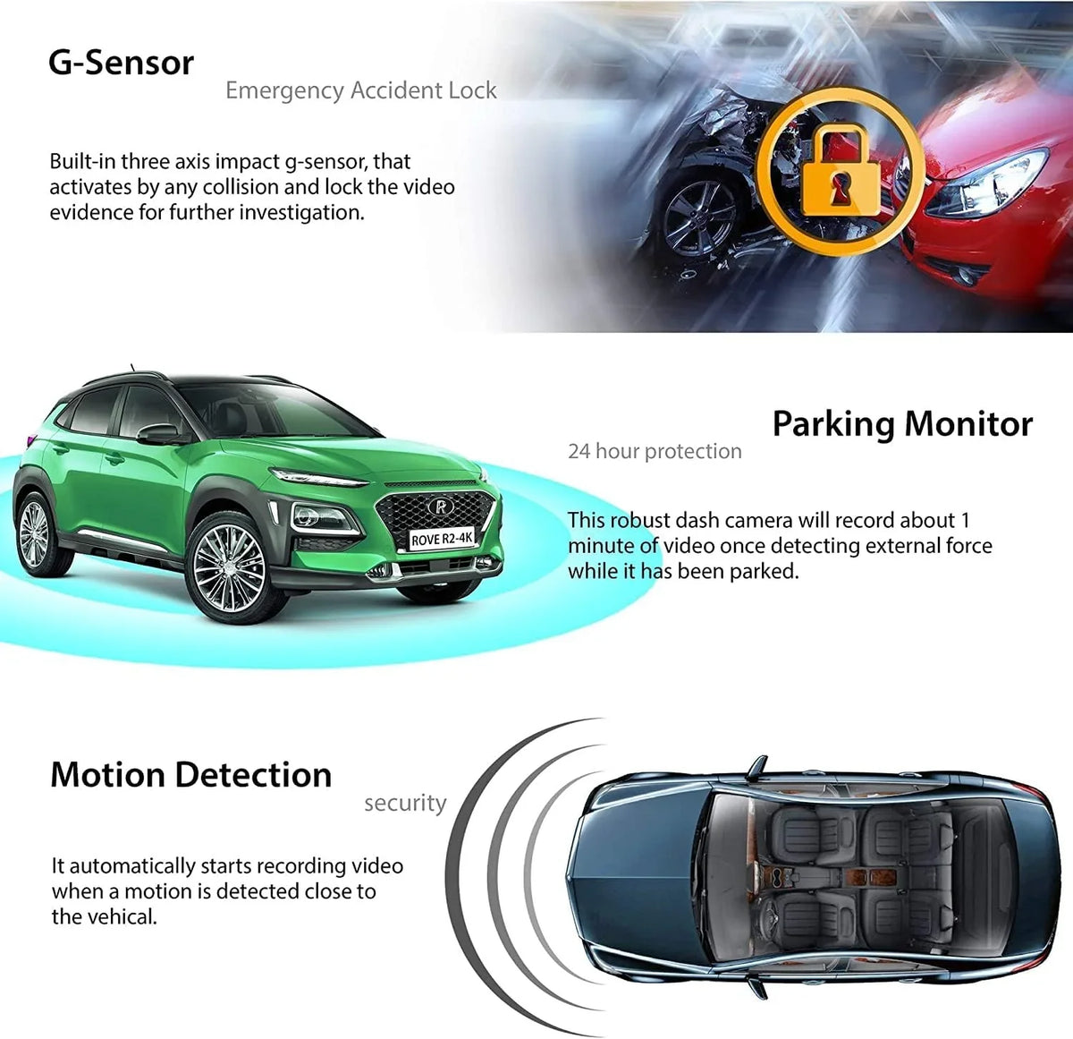 Angle, and Crosstour G-Sensor, Recording,Parking 200mAh 128GB Monitor Dash 4K Wide Vision, WDR, Inside with with IR Loop Night Cam,Front 1080P Battery,170° Recorder Support