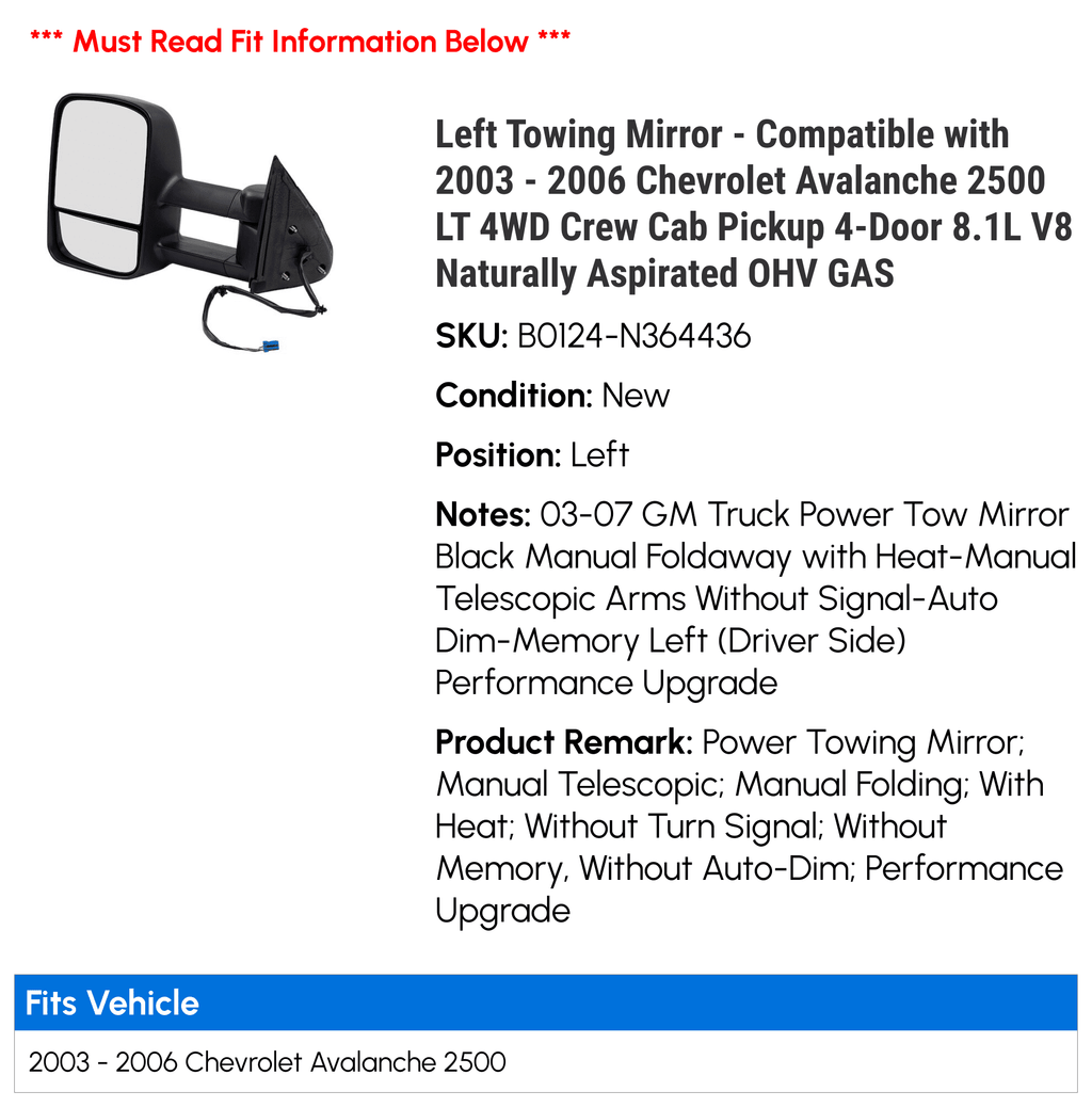 '- LT with 2005 Mirror OHV 8.1L Avalanche V8 Naturally 2004 Crew Towing 2500 Compatible Aspirated GAS 2006 4WD 2003 Chevy Cab Left - 4-Door Pickup