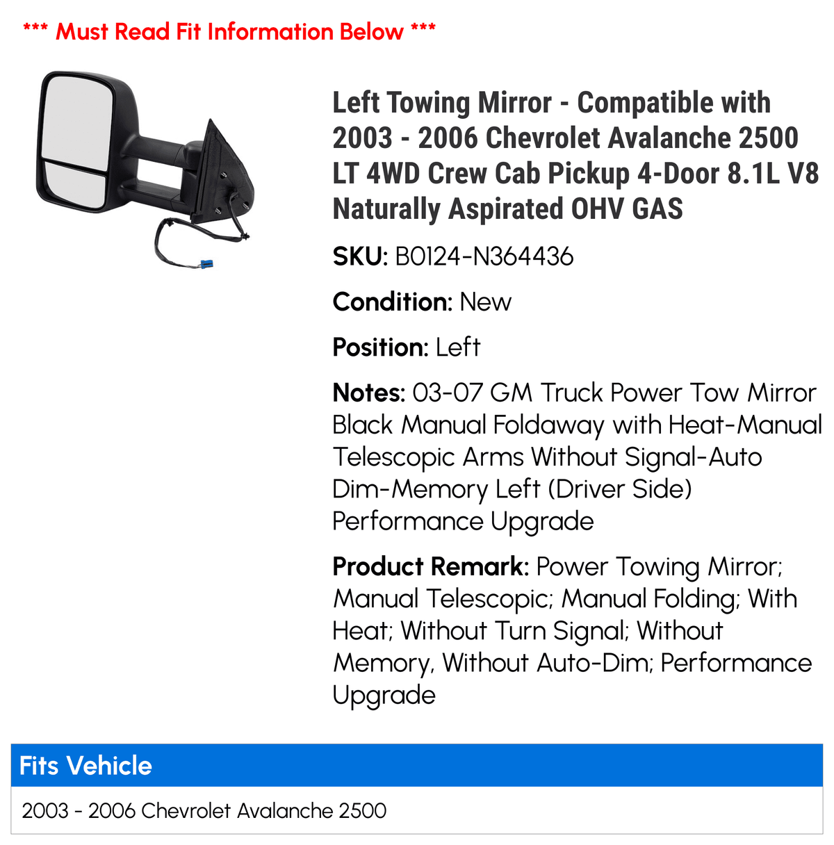 '- LT with 2005 Mirror OHV 8.1L Avalanche V8 Naturally 2004 Crew Towing 2500 Compatible Aspirated GAS 2006 4WD 2003 Chevy Cab Left - 4-Door Pickup