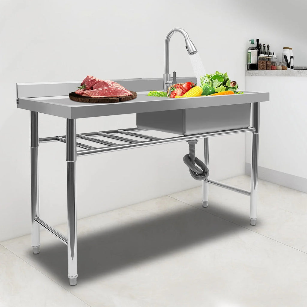 w/Catering 47" Prep Faucet Utility Pull-Out Sink, Washing Aiqidi Steel Sink Stainless Commercial & Drainpipe & Restaurant Compartment Kitchen 1 Hand Basin Freestanding Table