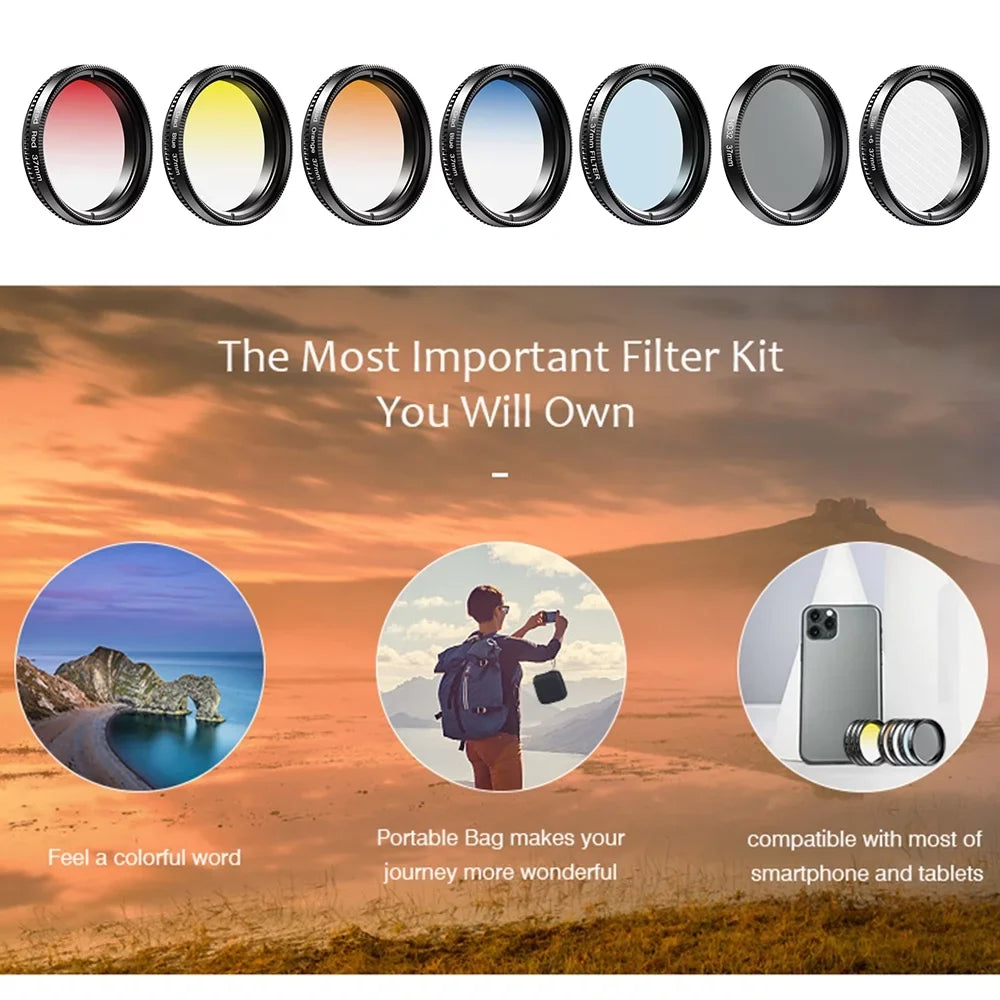 with Graduated Professional Yellow Camera APL-37UV-7G Suitable Kit 7in1 Filter APEXEL and for Most 37mm Star Lenses Phone Orange Red Smartphones Lens CPL 37mm Filters Blue