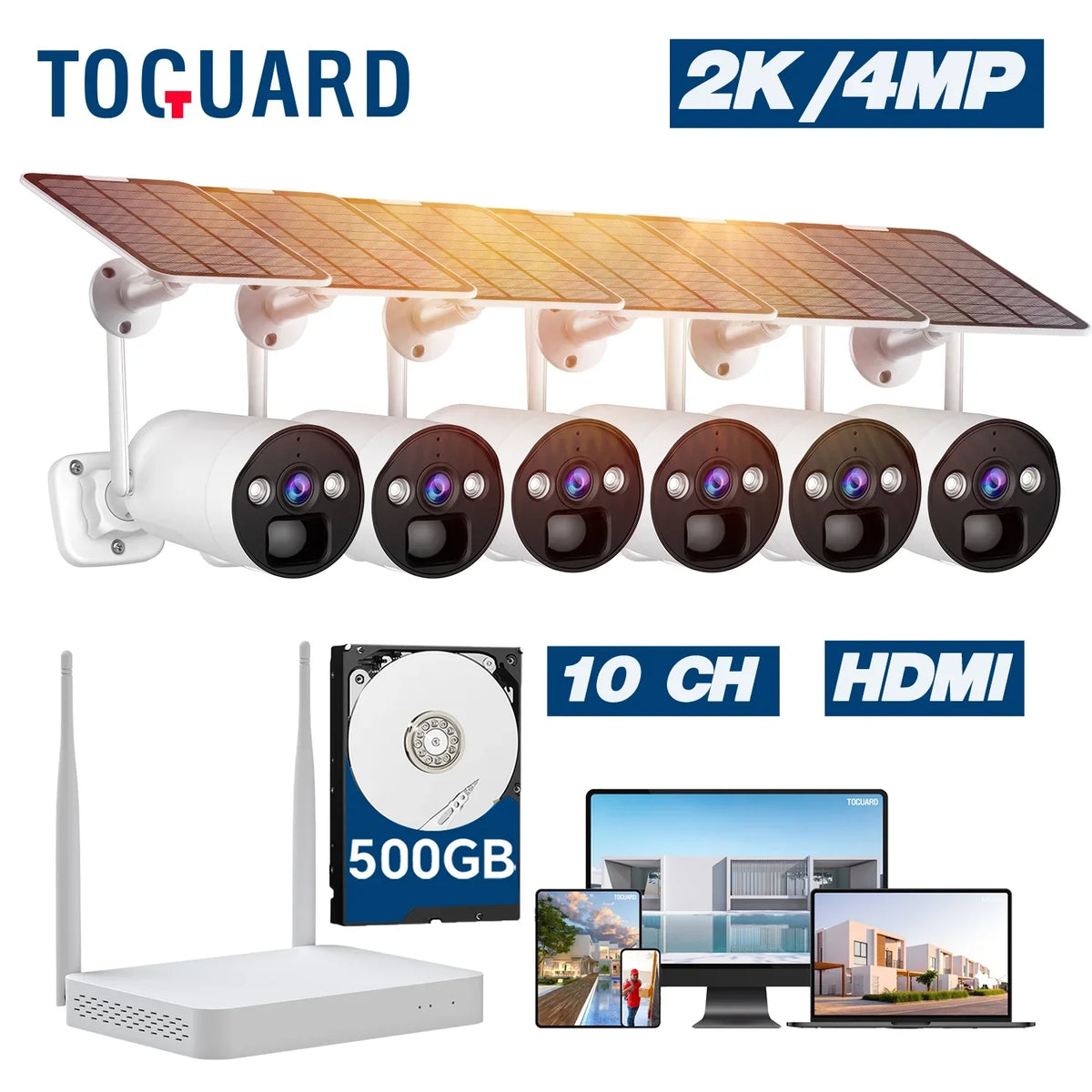 Toguard Solar Battery Surveillance Connector Bullet System SC17 HDMI Outdoor Camera 10CH 6 NVR Pcs Security 2K/4MP WiFi Wireless Camera
