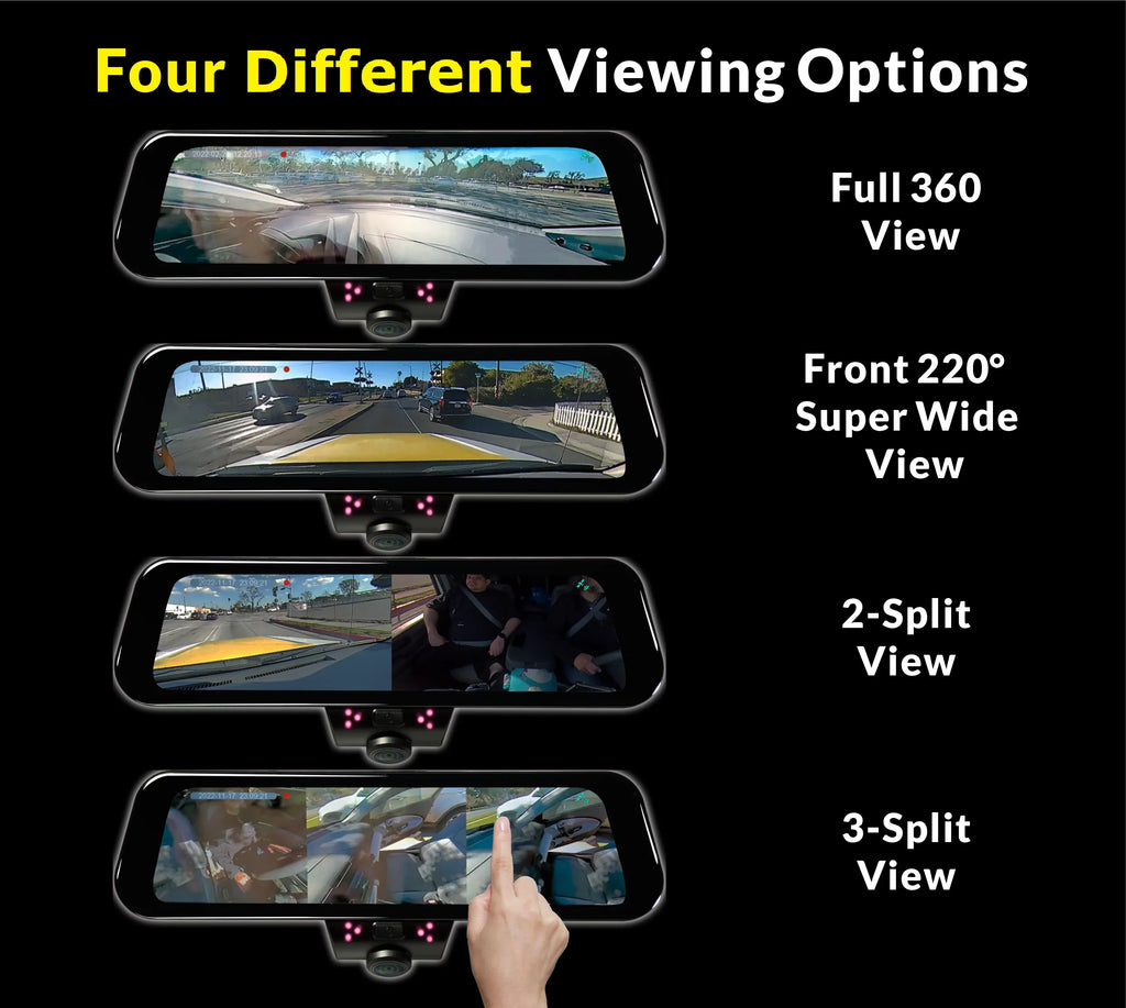 Auto with 360 Frameless w/ Dash Install, Day/Night, Mirror Brightness 10-inch Surround View DIY Touchscreen Monitor Backup RYDEEN 4K Camera Video-in View TFT Rearview