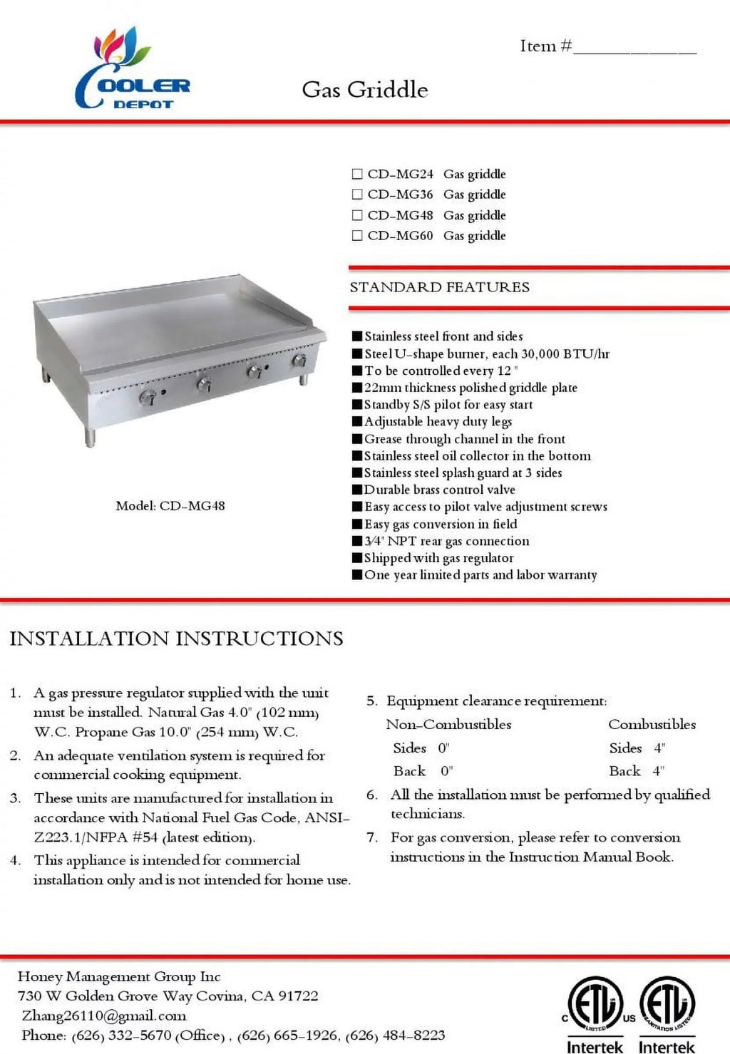 duty ins CD-MG60 gas 60 griddle NSF heavy