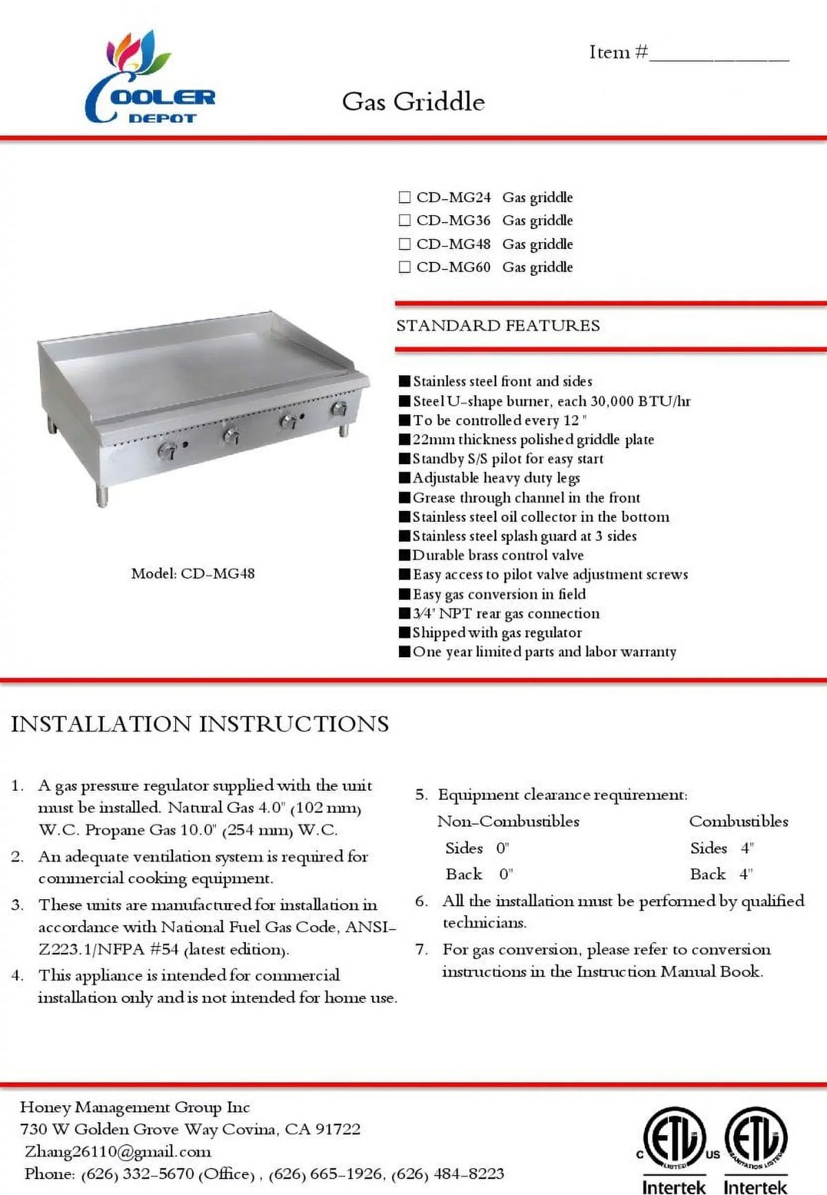 duty ins CD-MG60 gas 60 griddle NSF heavy